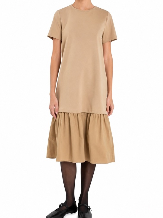 English Factory Dresses & Skirts - English Factory Beige Mixed Media Midi Minimalist Tiered Hem Dress Size Large